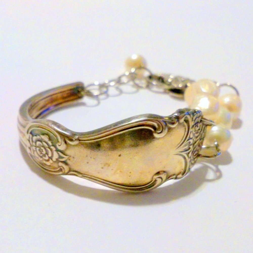 Vintage Sterling Silver Freshwater Pearl Flatware Engravable Bracelet